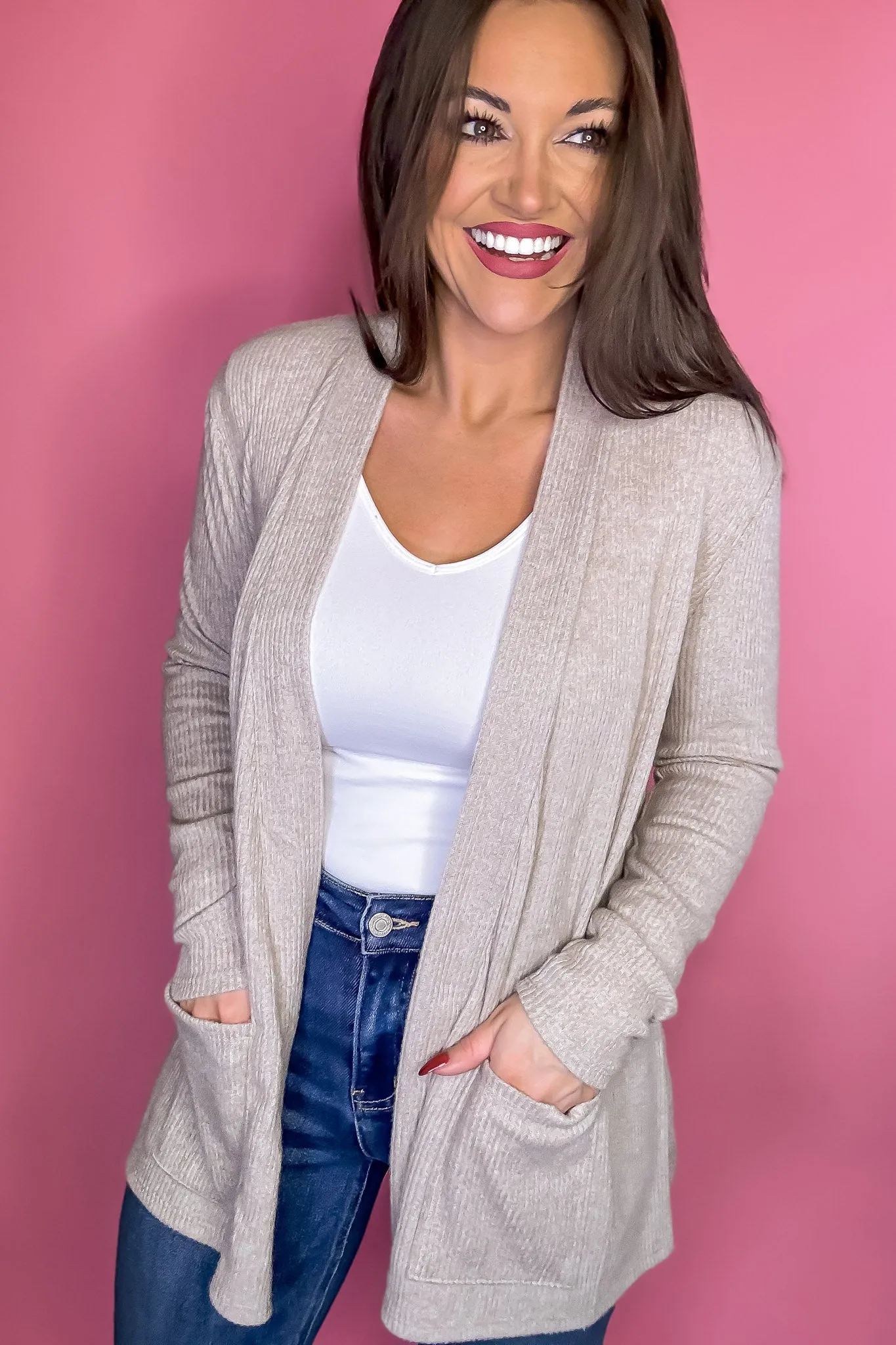 Calm And Cozy Heather Mocha Ribbed Sweater Open Front Cardigan