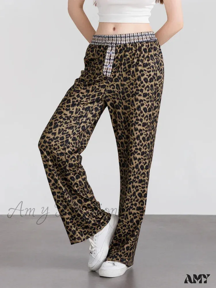 Elastic Waistband Leopard Houndstooth Print Casual Pants