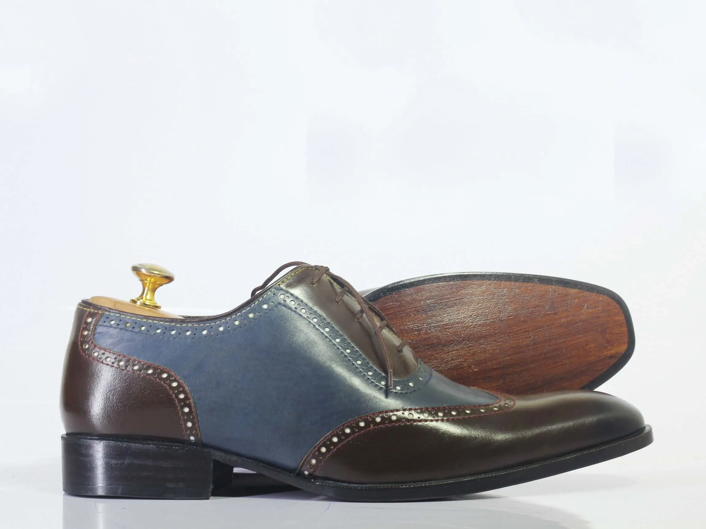 Handmade Men’s Brown Blue Cap Toe Leather Shoes, Men Lace Up Dress Formal Shoes