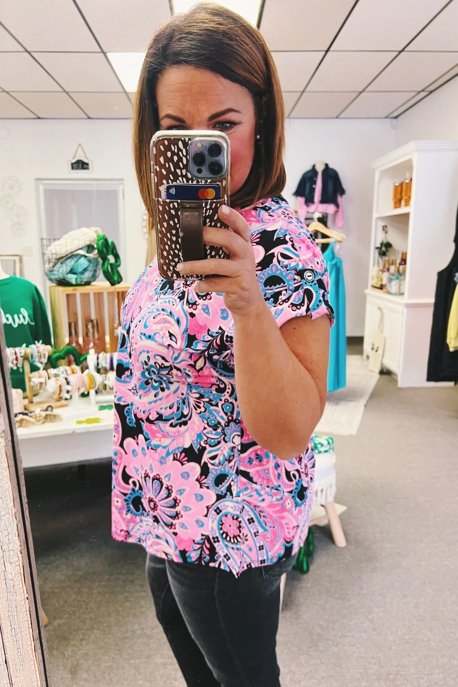 Lizzy Cap Sleeve Top in Pink and Black Paisley