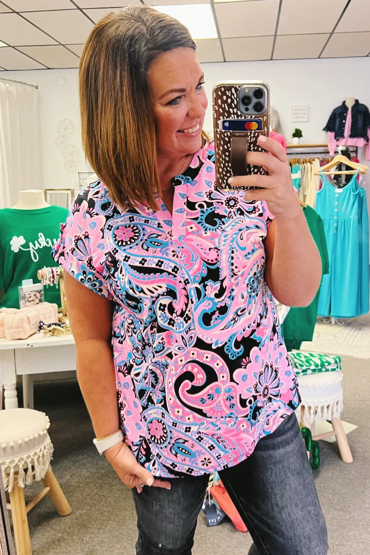 Lizzy Cap Sleeve Top in Pink and Black Paisley