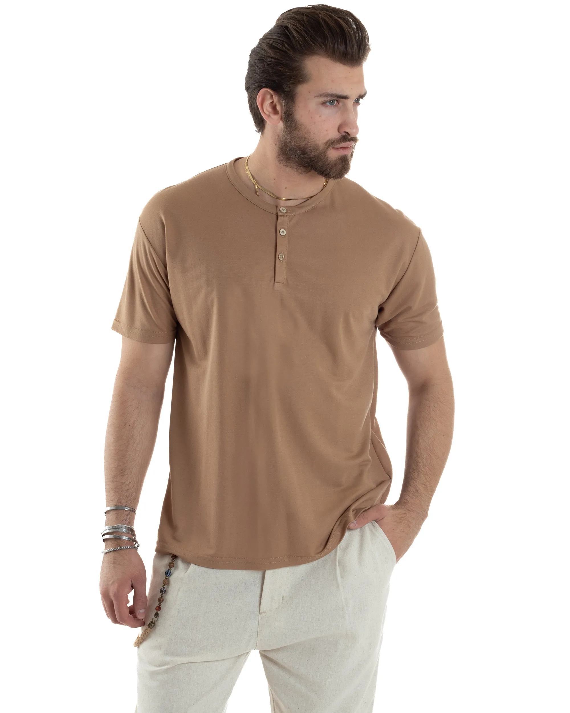 T-shirt Uomo Manica Corta Viscosa Collo Serafino Maglia Con Bottoni Casual Camel GIOSAL-TS3038A