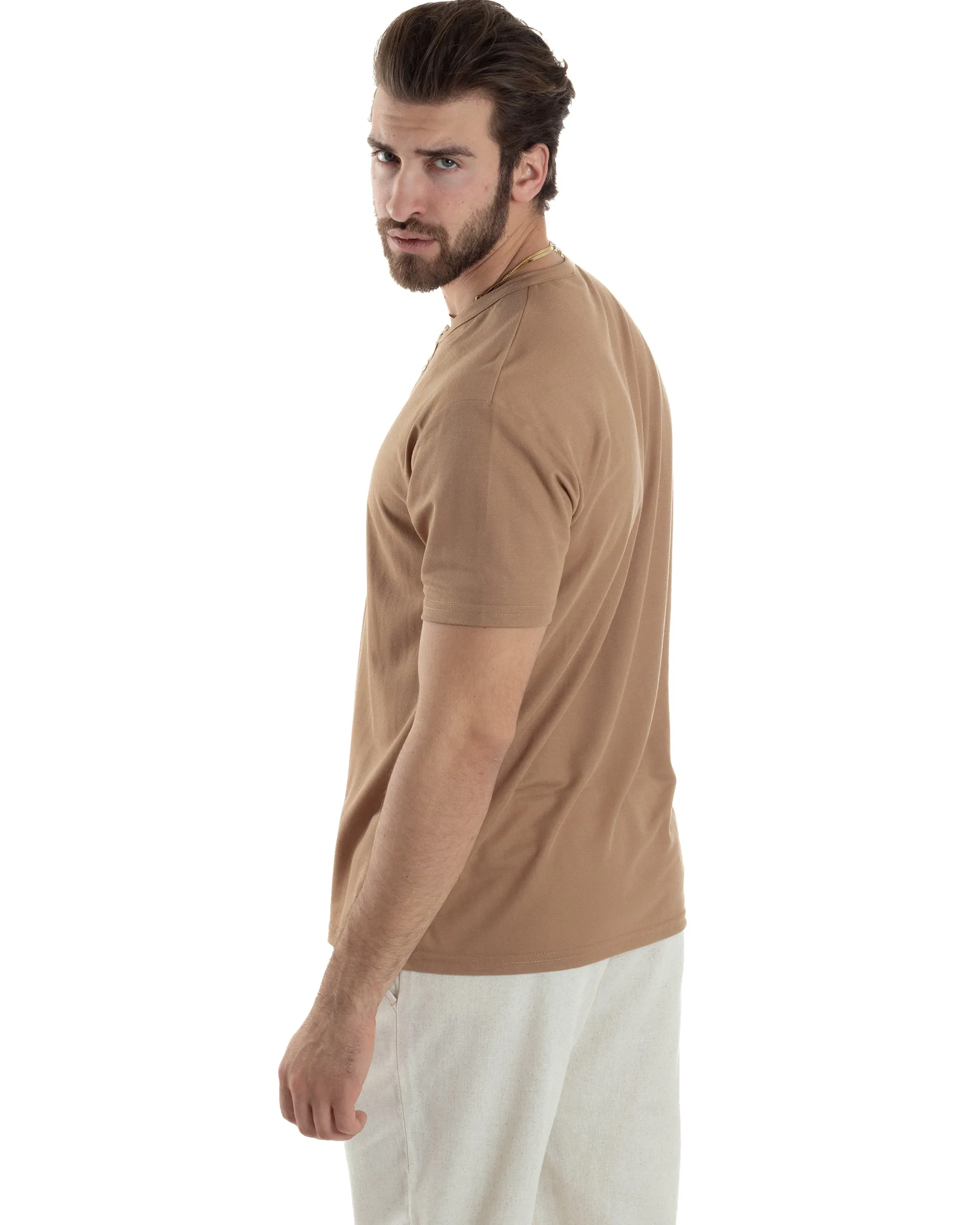 T-shirt Uomo Manica Corta Viscosa Collo Serafino Maglia Con Bottoni Casual Camel GIOSAL-TS3038A